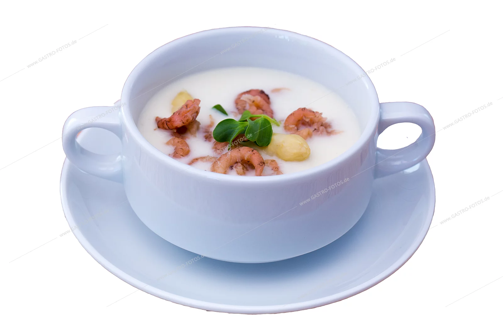 Spargelcremesuppe mit Nordseekrabben, transparent - Suppen & Eintöpfe mit Fischeinlage